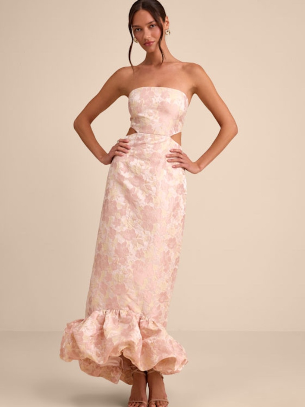 Lulu's Blush Pink Floral Strapless Maxi Dress with Ruffle Hem